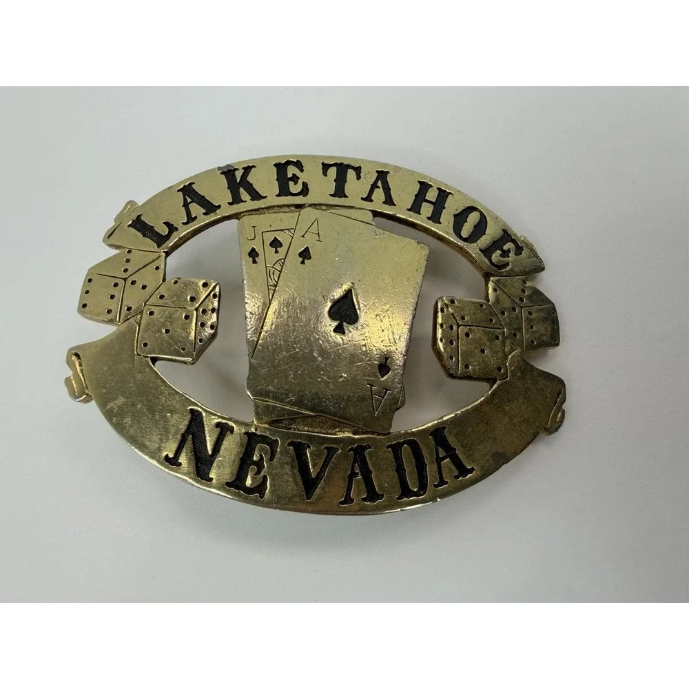 Lake Tahoe Nevada Brass Belt Buckle Gambling Dice Blackjack Vintage